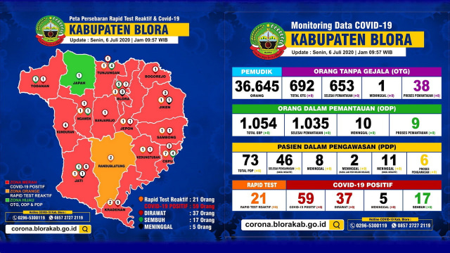 Infografis data perkembangan dan peta persebaran Virus Corona (Covid-19) di Kabupaten Blora hingga Senin (06/07/2020)