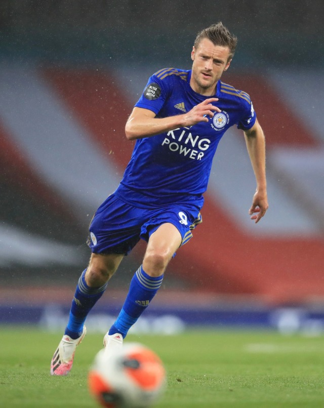 Pemain Leicester City Jamie Vardy saat bermain melawan Arsenal pada pertandingan lanjutan Premier League di Stadion Emirates, London, Inggris.  Foto: Adam Davy/Pool/REUTERS