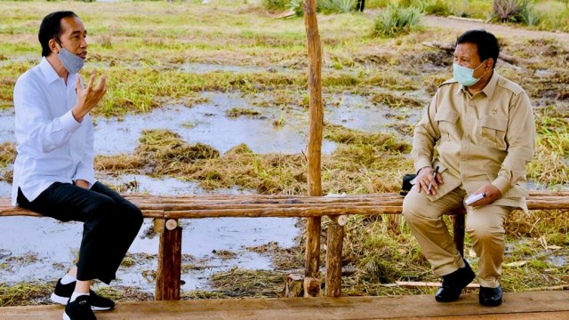 Presiden Joko Widodo (kiri) bersama Menteri Pertahanan Prabowo Subianto saat meninjau lumbung pangan nasional di Kabupaten Kapuas, Kalimantan Tengah. Foto: Biro Pers Sekretariat Presiden