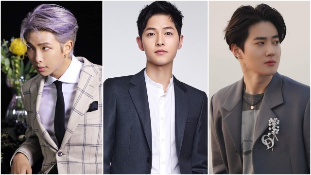 RM BTS, Song Joong Ki, dan Suho EXO Foto: FB BTS & EXO, IG blossom_entertainment