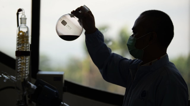 Peneliti mengamati ekstrak bahan alam untuk imunomodulator (peningkat imun tubuh) bagi pasien COVID-19 di Laboratorium Pusat Penelitian Bioteknologi LIPI, Cibinong, Kabupaten Bogor, Jawa Barat, Jumat (17/7/2020).  Foto: ADITYA PRADANA PUTRA - ANTARA FOTO