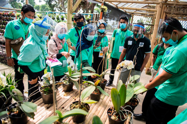 Instruktur memberikan pengarahan proses budidaya tanaman hias kepada peserta saat pelatihan dan pembekalan kewirausahaan Inkubasi Bisnis di BBPPK dan PKK Lembang, Kabupaten Bandung Barat, Jawa Barat, Kamis (23/7/2020).  Foto: M Agung Rajasa/ANTARA FOTO