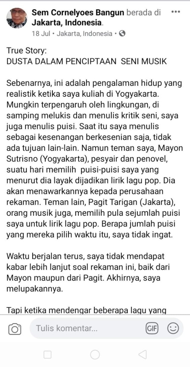 Tangkapan layar status yang diposting oleh Sem Cornelyoes Bangun. Foto: Birgita/Tugu Jogja.