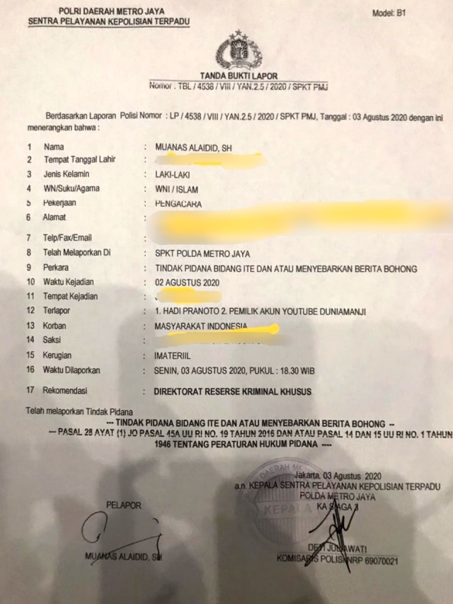 Hadi Pranoto dilaporkan terkait penyebaran berita bohong ke Polda Metro Jaya. Foto: Dok. Istimewa