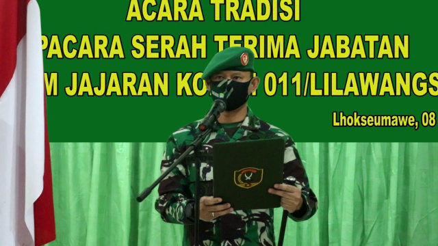 Komandan Korem 011/Lilawangsa, Kolonel Inf Sumirating Baskoro, saat Sertijab pejabat Kodim secara virtual. Dok. Korem 011/Lilawangsa