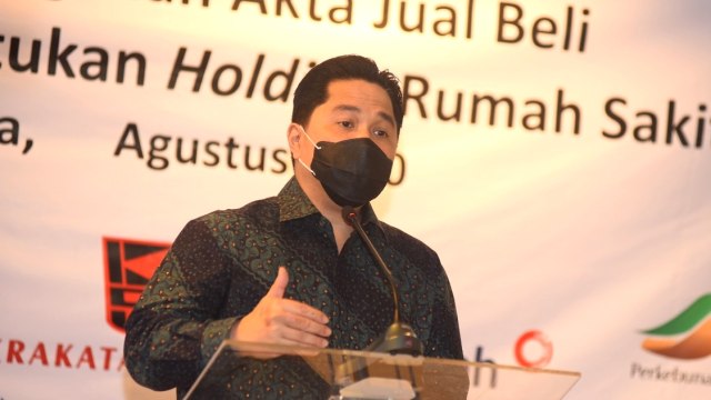 Mnteri BUMN Erick Thohir saat Pertamedika IHC melakukan penandatangan akta jual beli dengan tujuh BUMN pemilik tujuh PT Rumah Sakit BUMN. Foto: Pertamina
