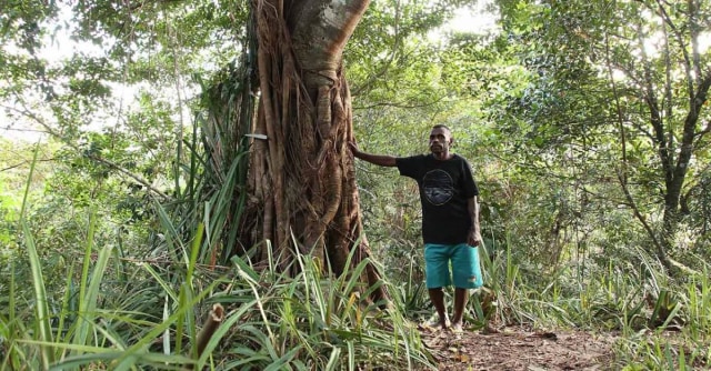 Seorang warga Kampung Sira berdiri di antara pepohonan di dalam Hutan Sira, Sorong Selatan (Foto: EcoNusa Foundation/ Moch. Fikri)