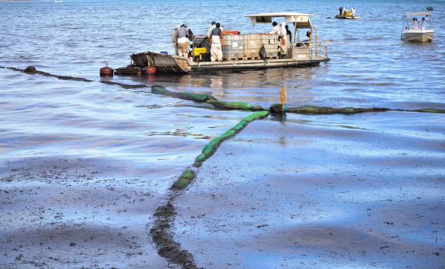Pembersihan pantai Mauritius dari tumpahan minyak kapal MV Wakashio di Riviere des Creoles, Mauritius. Foto: Sumeet Mudhoo/L'Express Maurice/Reuters