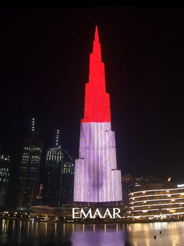 Bendera Merah Putih di Burj Khalifa di Dubai UEA. Foto: KBRI Abu Dhabi