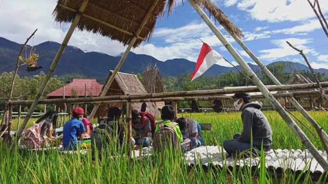 Siswa SDN 005 Rantebuda belajar di tengah sawah. Foto: Frendy/sulbarkini