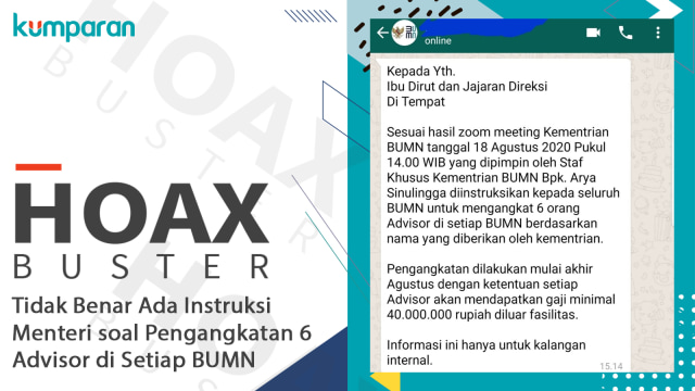 Hoaxbuster - Tidak Benar Ada Instruksi Menteri soal Pengangkatan 6 Advisor di Setiap BUMN. Foto: Dok. Istimewa