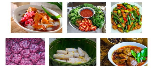 Ragam hidangan tradisional Indonesia. Kiri-kanan: kolak pisang, lalapan khas sunda, tumis pete tempe kacang panjang, tape ketan, tape, dan semur jengkol (Sumber foto: berbagai laman internet)