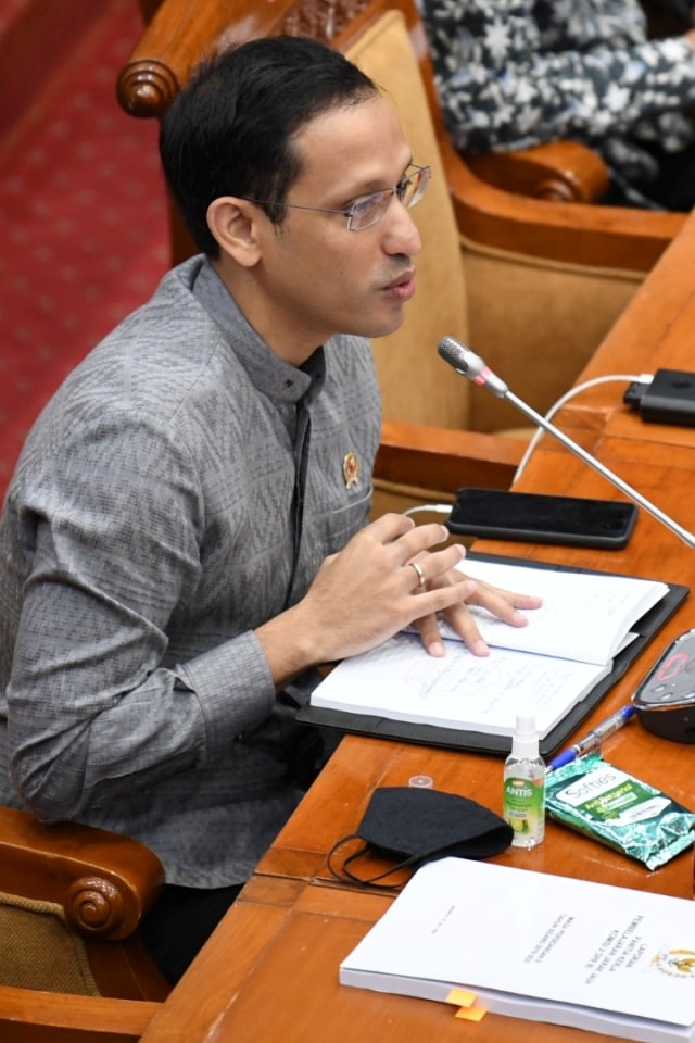 Mendikbud Nadiem Makarim bicara soal asesmen nasional. Foto: Puspa Perwitasari/ANTARA FOTO