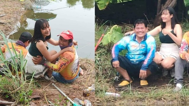 Bapak-bapak girang ditemani perempuan saat mancing. (Foto: Hobi Mancing/Facebook)