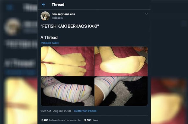Tangkapan layar fetish kaki berkaos kaki yang viral di Twitter. Foto: @deaels.