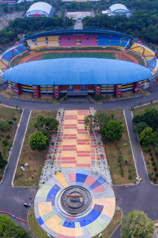 Foto udara stadion Gelora Sriwijaya Jakabaring (GSJ), Jakabaring Sport City (JSC), Palembang, Sumatera Selatan, Selasa (1/9). Foto: Nova Wahyudi/ANTARA FOTO