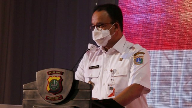 Gubernur Provinsi DKI Jakarta Anies Baswedan menghadiri deklarasi #Priokbermasker di Mapolres Tanjung Priok, Jakarta Utara. Foto: Pemprov DKI Jakarta