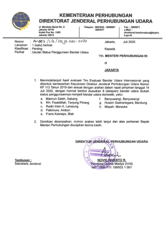 Surat terkait perubahan status Bandara Husein Sastranegara. Foto: Dok. Istimewa