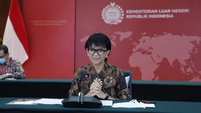 Konferensi pers virtual Menteri Luar Negeri RI Retno Marsudi, Jumat (4/9). Foto: Kemlu RI