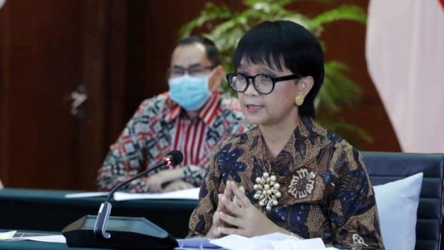 Konferensi pers virtual Menteri Luar Negeri RI Retno Marsudi, Jumat (4/9). Foto: Kemlu RI