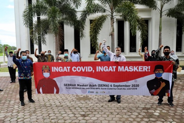 Pemerintah Aceh mengampanyekan Gebrak Masker Aceh (GEMA) pada 4 September 2020 untuk menekan laju penularan COVID-19. Foto: Humas Setda Aceh 
