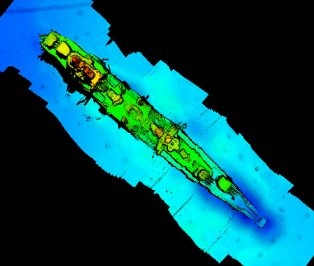 Sonar yag menunjukkan kapal perang penjelajah jerman pada Perang Dunia kedua yang tenggelam di laut Kristiansand, Norwegia. Foto: Statnett /via REUTERS