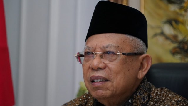 Wakil presiden Ma'ruf Amin berikan sambutan dalam acara simposium nasional studi relasi lintas agama berparadigma (SIGMA). Foto: KIP