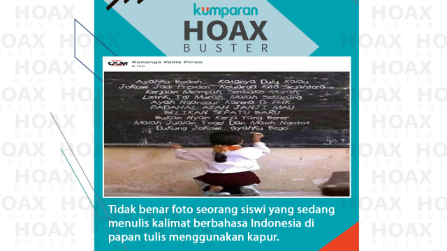 Tidak benar foto seorang siswi yang sedang menulis kalimat berbahasa Indonesia di papan tulis menggunakan kapur.
 Foto: Dok. Istimewa