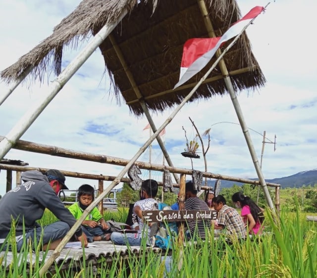 Sejumlah siswa SD di Mamasa, Sulawesi Barat, belajar di sawah. Foto: Frendy/sulbarkini