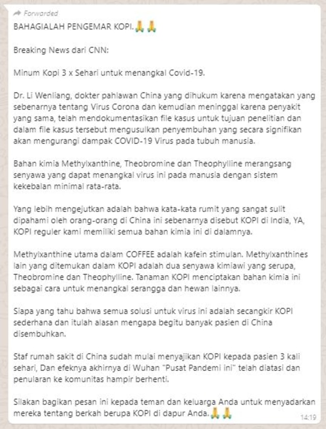 Tangkapan layar hoaks yang beredar di jejaring WhatsApp. Foto: Istimewa.