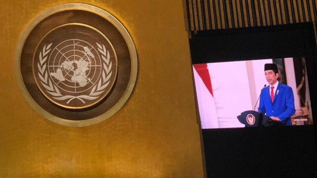 Suasana saat Presiden Joko Widodo memberikan pidato pada Sidang Majelis Umum ke-75 PBB di Manhattan, New York City, New York, Amerika Serikat. Foto: Kementerian Luar Negeri