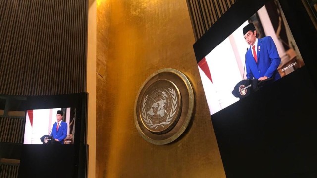 Suasana saat Presiden Joko Widodo memberikan pidato pada Sidang Majelis Umum ke-75 PBB di Manhattan, New York City, New York, Amerika Serikat. Foto: Kementerian Luar Negeri