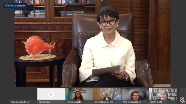 Menlu Retno Marsudi menyampaikan pidato secara virtual dalam forum PBB sesi The Challenge of a Lifetime: Ensuring Universal Access to Covid-19 Health Technologies: High Level Virtual Event Foto: Dok. Kemlu