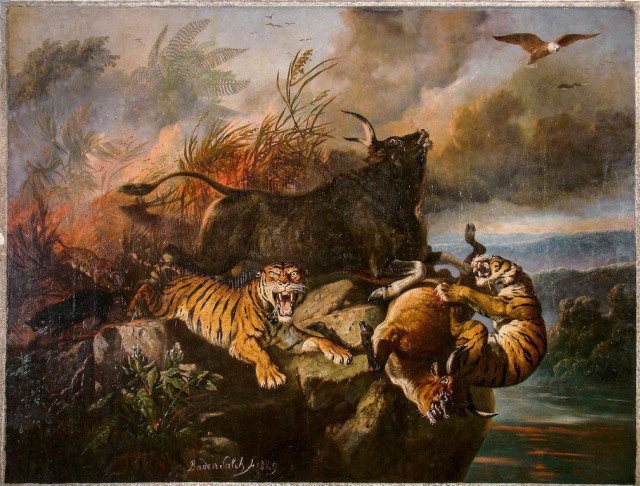 Lukisan Raden Saleh berjudul Boschbrand (kebakaran hutan) tahun 1849 yang bergambar harimau dan banteng. Sumber : historia.id