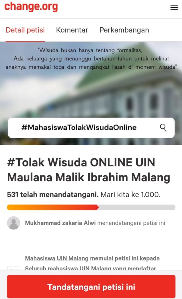 Tangkapan layar petisi Mahasiswa UIN Malang di laman change.org berisi penolakan kebijakan wisuda online.