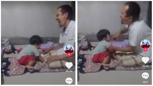 Balita gigit jari telunjuk ayahnya saat salat. Sumber Foto: TikTok.com.@echyefariha