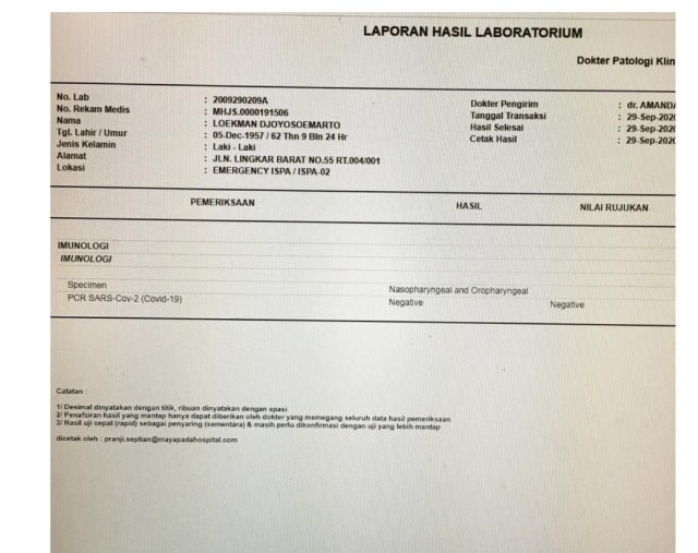 Hasil swab Loekmn dan istrinya dari salah satu lab rumah sakit di Jakarta menyatakan negatif COVID-19 | Foto : Istimewa
