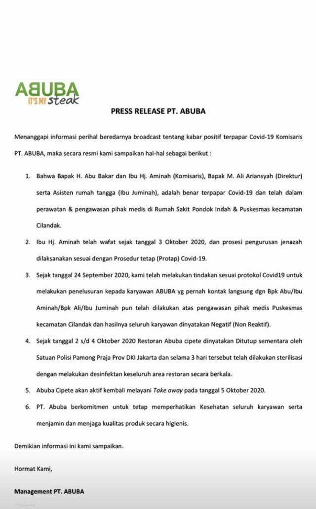 Pers release dari PT ABUBA soal corona. Foto: PT ABUBA 