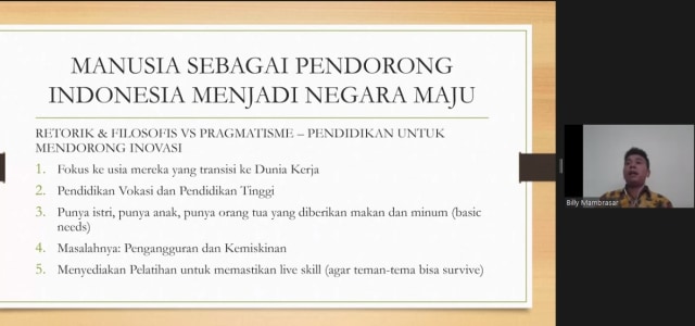 Paparan Billy Mambrasar dalam webinar seri ke-4 BUMN (Dok Billy Mambrasar) 