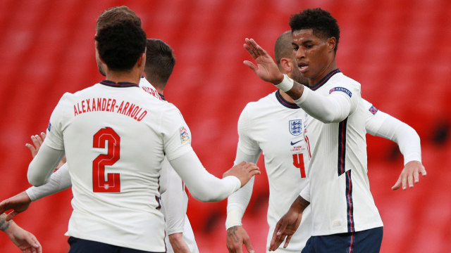 Selebrasi pemain timnas Inggris usai mencetak gol ke gawang timnas Belgia pada pertandingan UEFA Nations League di Stadion Wembley, London, Inggris. Foto: Ian Walton/Pool/via REUTERS