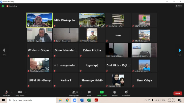 Saat sesi diskusi FGD Virtual melalui aplikasi zoom meeting. (Dok. Bappeda Kabupaten Lebak)
