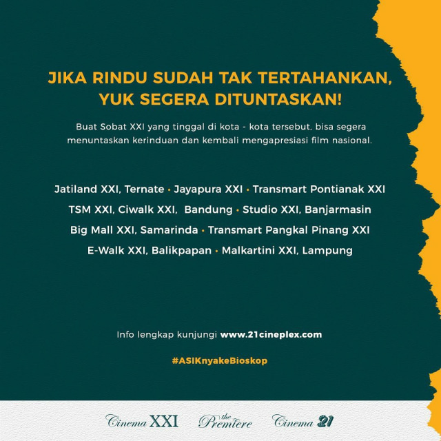 Daftar outlet Bioskop XXI yang mulai beroperasi kembali, Kamis (22/10) | Gambar: @Cinema.21