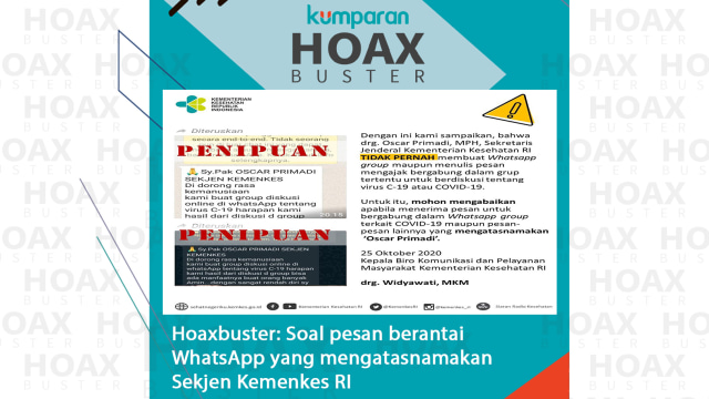 Hoaxbuster soal pesan berantai WhatsApp yang mengatasnamakan Sekjen Kemenkes RI. Foto: twitter/@kemenkesri