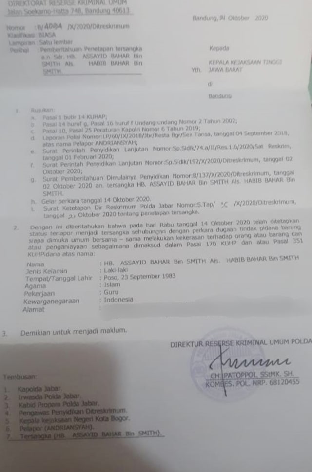 Surat penetapan tersangka Habib Bahar bin Smith. Foto: Dok. Istimewa