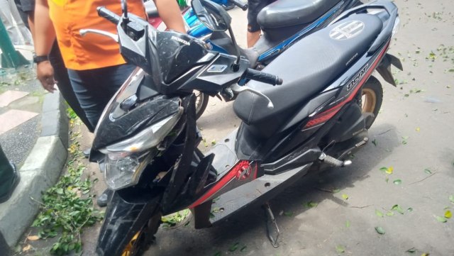 Motor milik warga Bogor yang tertimpa pohon tumbang. Foto: Dok. Istimewa
