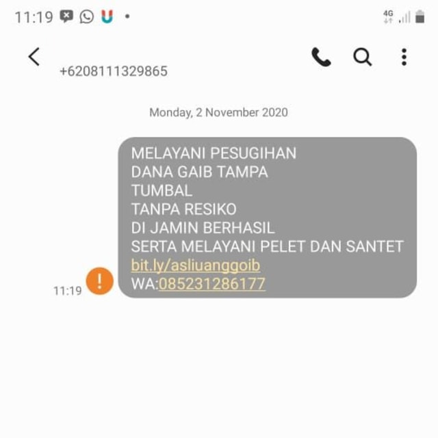 SMS spam iklan pesugihan online. Foto: istimewa