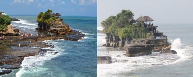 Perbandingan Tanah Lot saat keadaan pasang dan surut air laut. (Foto kanan : https://www.indonesiakaya.com/jelajah-indonesia/detail/pura-besakih)(Foto Kiri : https://arahjalan.com/tempat-wisata/pura-tanah-lot/)