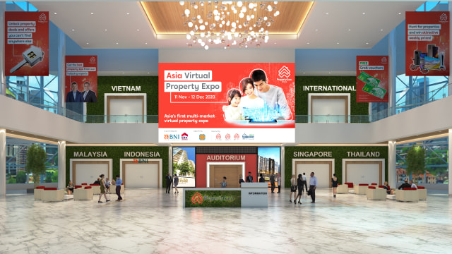 Lobby utama yang akan menyambut para pencari properti ke Asia Virtual Property Expo. AVPE menawarkan pengalaman 3D yang sangat nyata sehingga membantu pencari rumah menemukan hunian idaman, ditambah lagi dengan suku bunga khusus selama pameran.