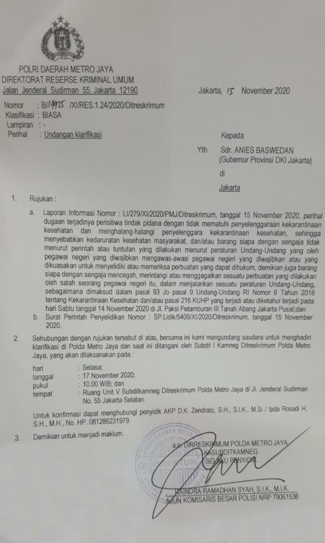 Polda Metro Jaya panggil Gubernur DKI Anies Baswedan, Selasa (17/11). Foto: Dok. Istimewa