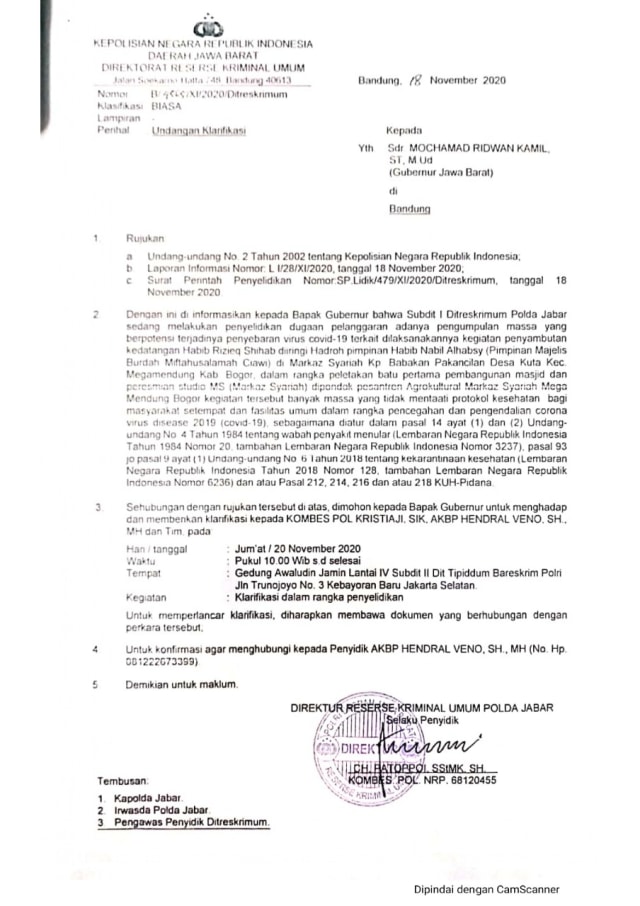 Surat panggilan untuk Gubernur Jawa Barat, Ridwan Kamil. Foto: Dok. Istimewa